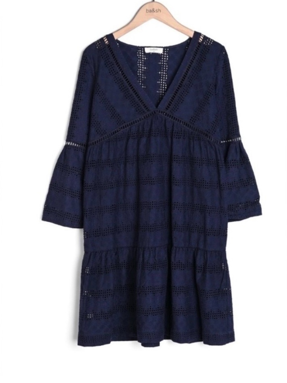 ba&sh Gaia Navy Eyelet V-Neck Dress